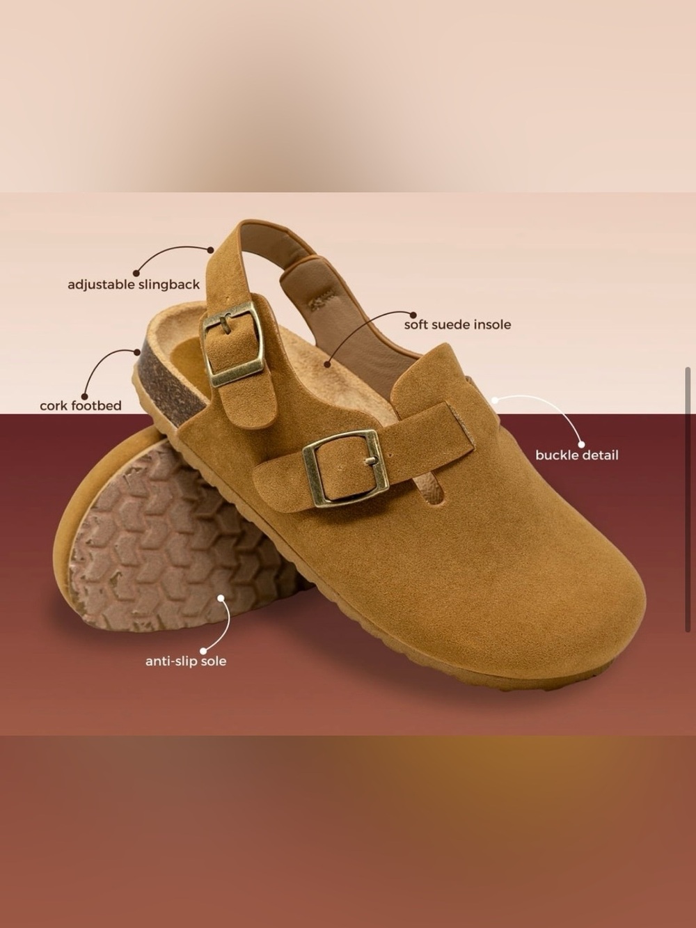 Chase & Chloe Womens 10 Tan Suede Clogs Adjustable Mules NIB